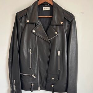Saint Laurent Black Leather Moto Jacket with Asymmetrical Zipper